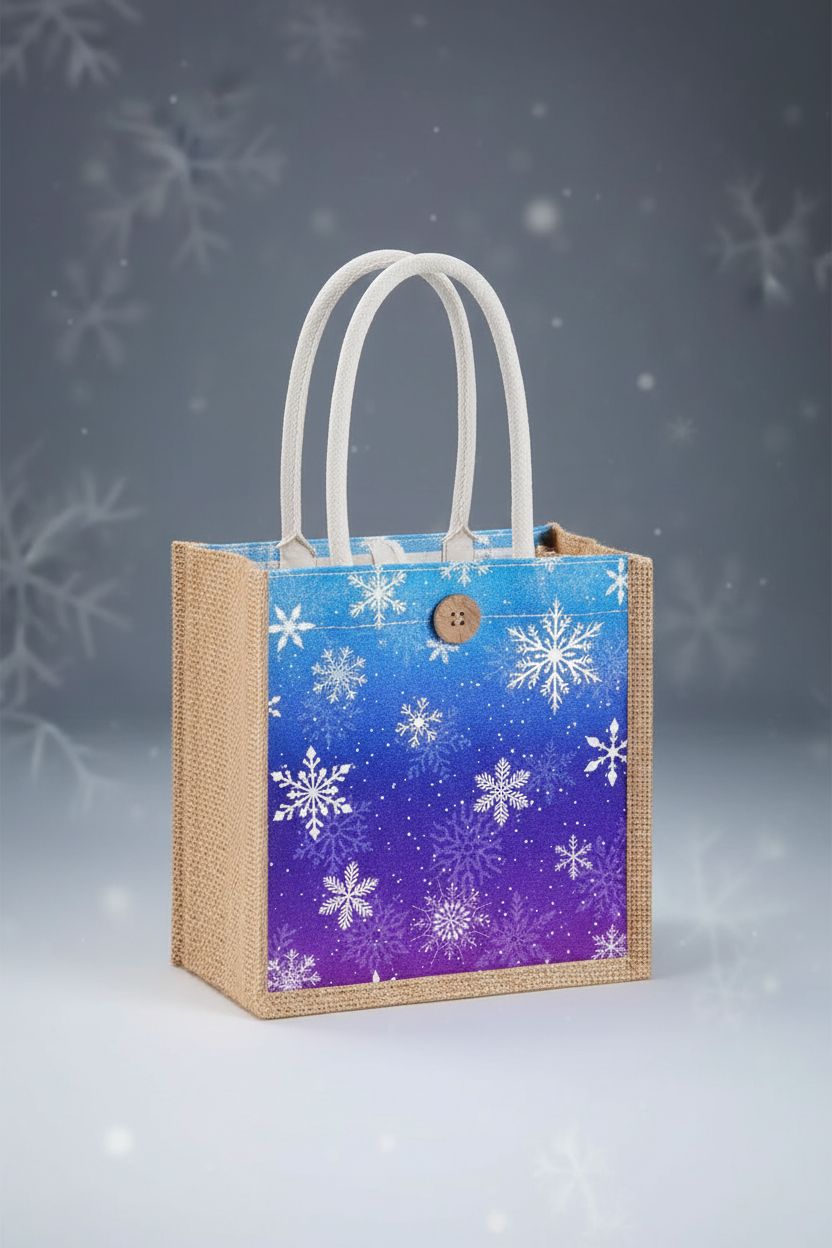 Abbylike mini jute tote bag showcasing snowflake design and button closure.