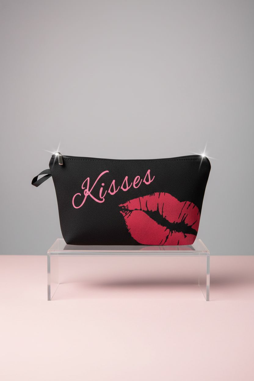 Livel lhood Kisses Makeup Bag displayed in studio, highlighting its chic design