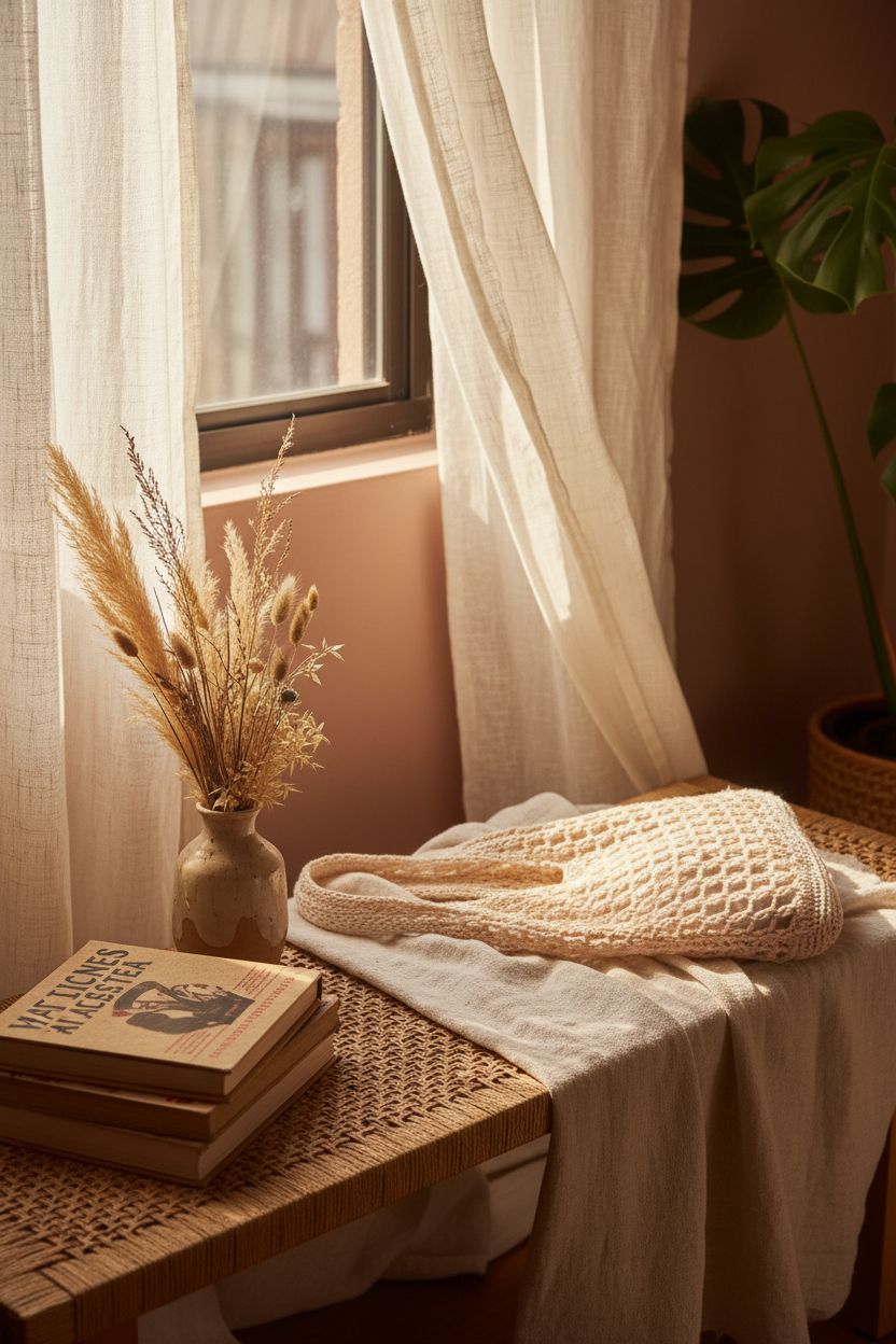 Verdusa apricot tote set in a coastal-inspired nook, styled with travel books and dried grasses.