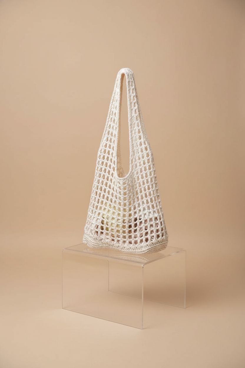 Close-up of the Verdusa apricot knit tote, highlighting crochet weave and double-handle design.