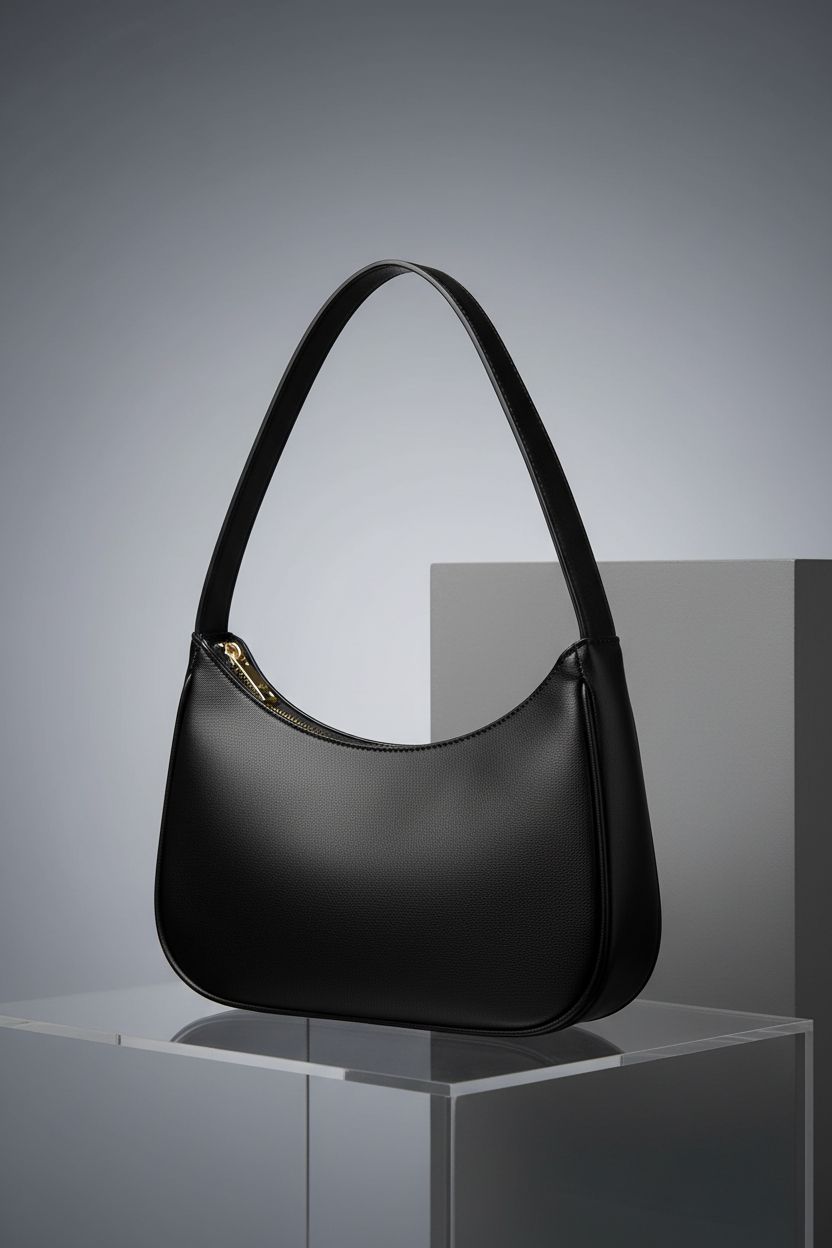 CYHTWSDJ black hobo bag showcased on a mirrored base, highlighting its sleek design and quality craftsmanship.