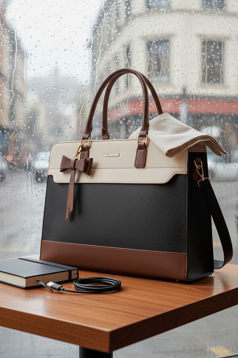 LOVEVOOK Laptop Tote sitting on a table in a cozy café, showcasing its waterproof material.