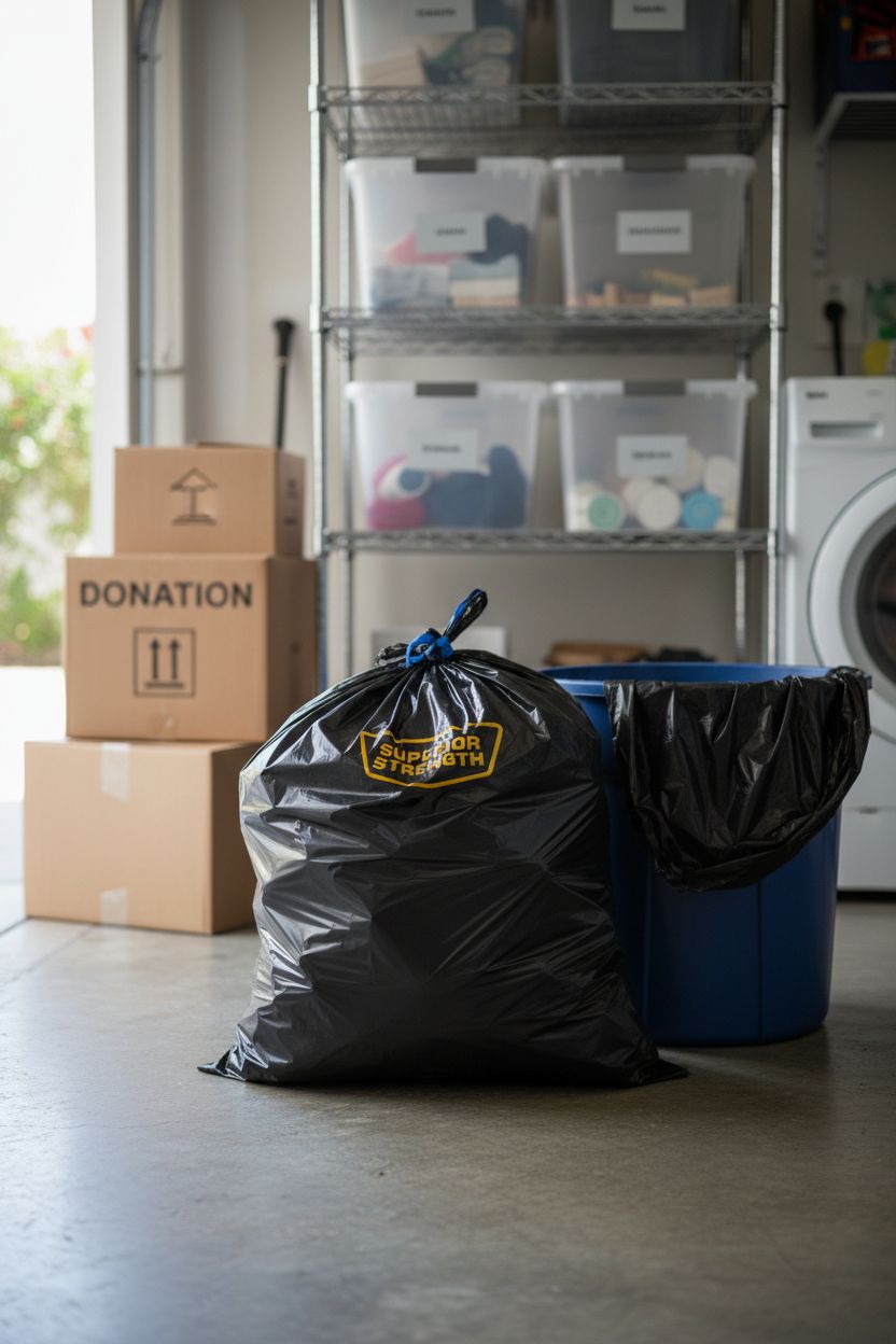 Tied Hefty large black trash bag on concrete floor near organized donation boxes.