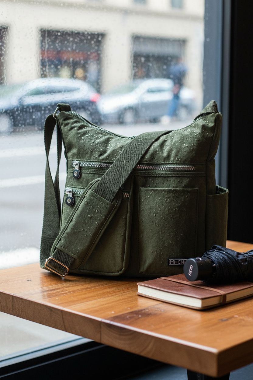 MHCNLL green crossbody bag resting on café table, showcasing water-resistant design