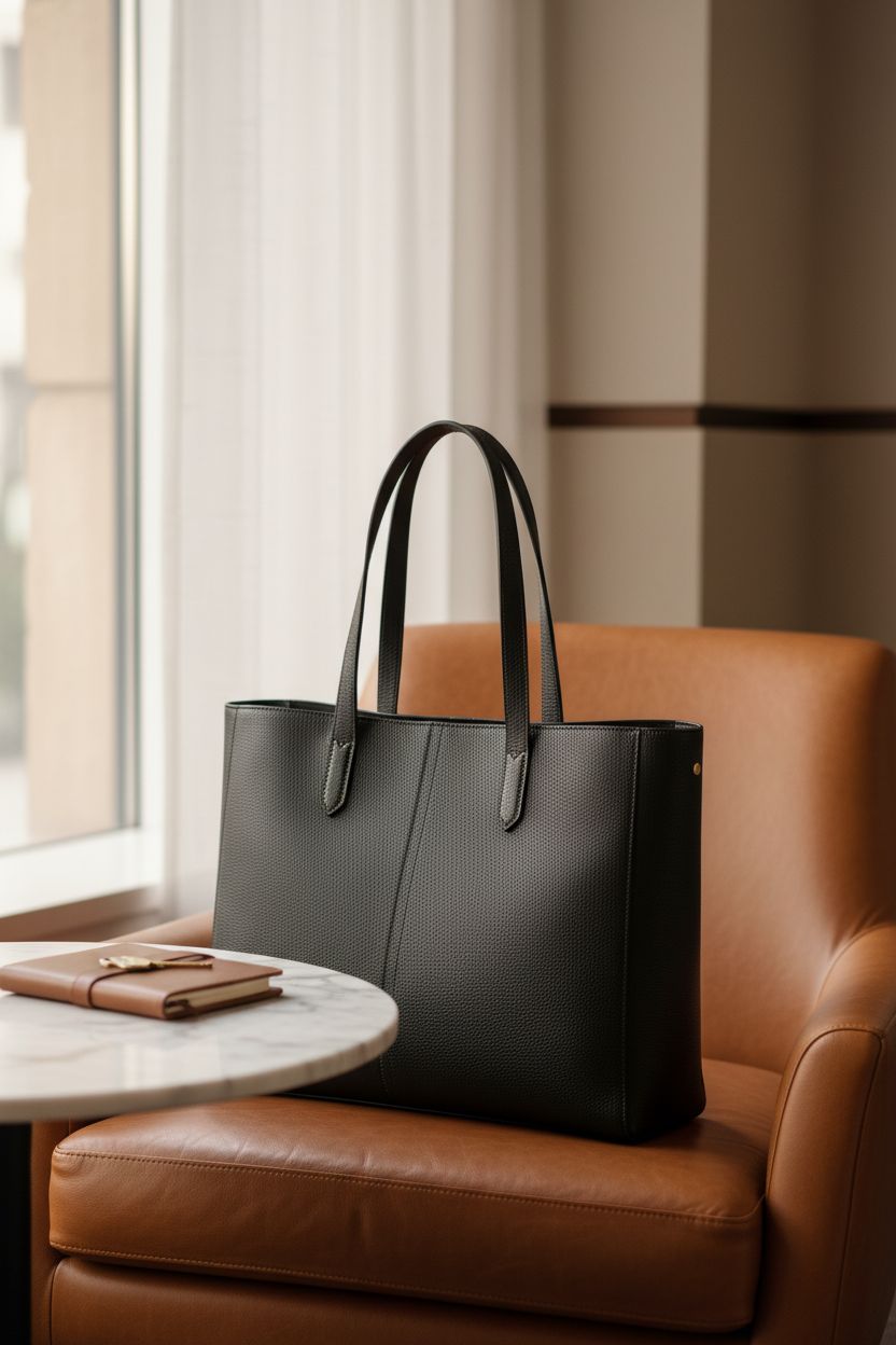 Elegant Kattee designer tote bag in a boutique hotel lounge, highlighting its luxurious pebbled leather and stylish design.