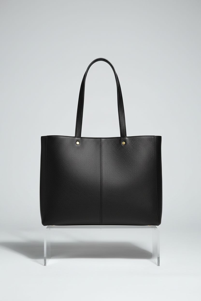 Close-up of Kattee large black designer bag on a clean backdrop, showcasing its pebbled leather and spacious interior.