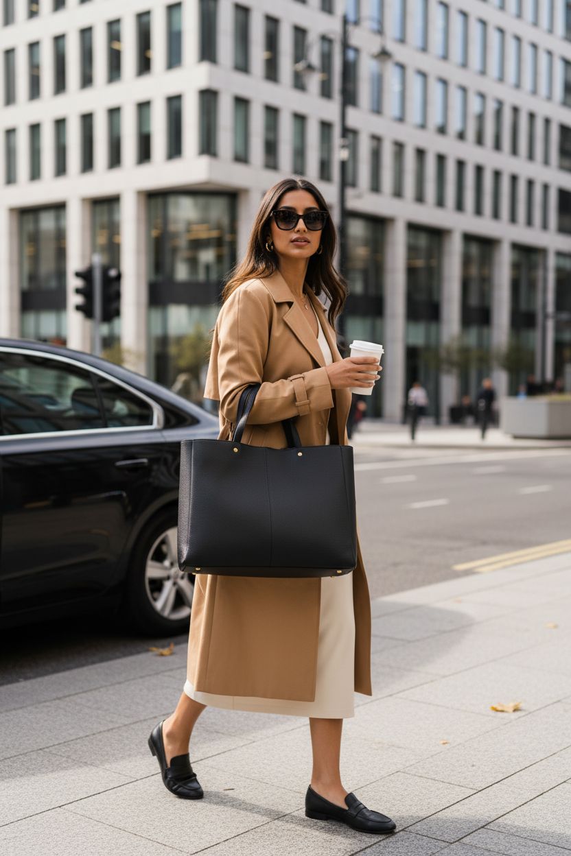 Kattee large black designer tote bag on shoulder, perfect for office and everyday use in a sunlit urban setting.