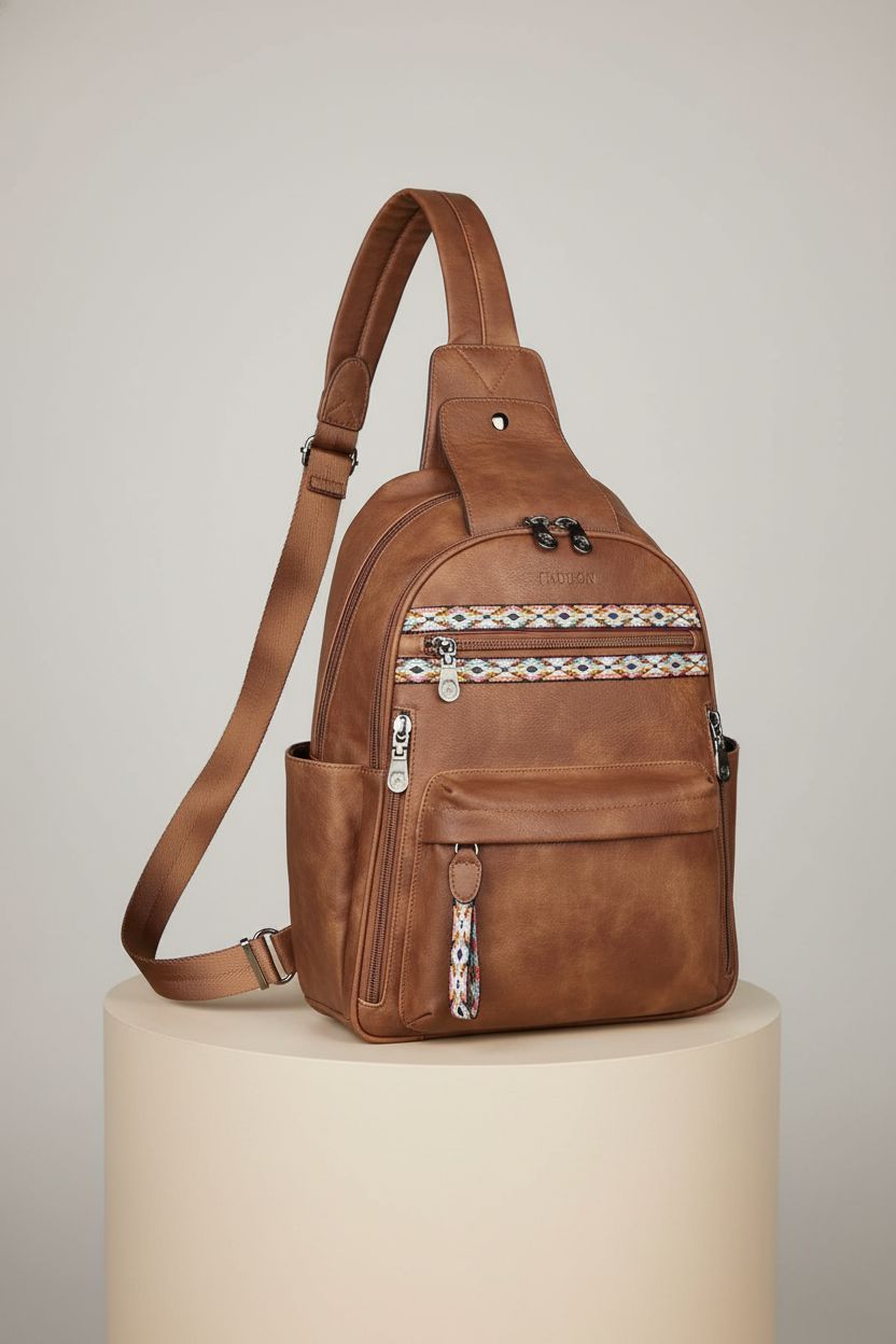 FADEON large leather sling bag displayed to highlight craftsmanship and design features.