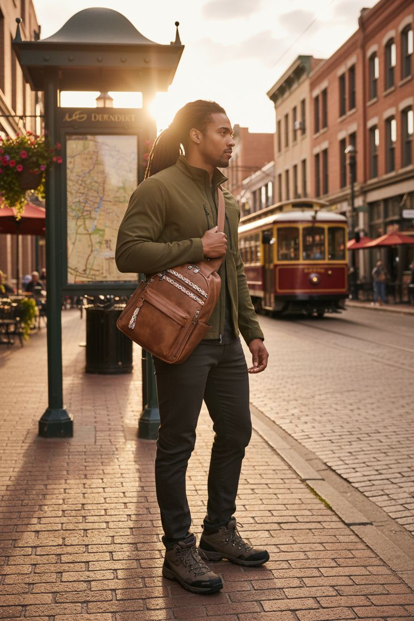 FADEON large tan leather sling bag worn crossbody, perfect for exploring historic districts.