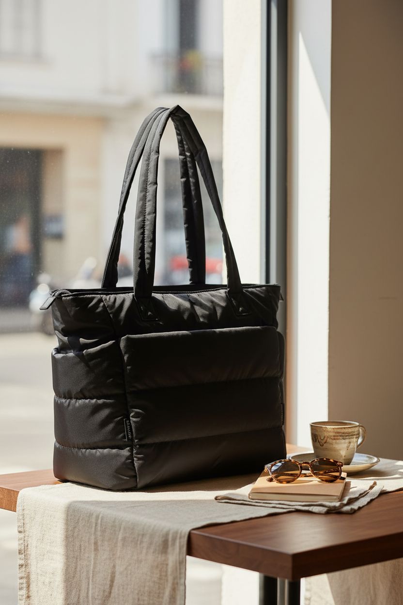 BAGSMART quilted tote bag resting on a cozy café table, showcasing its stylish and functional design.