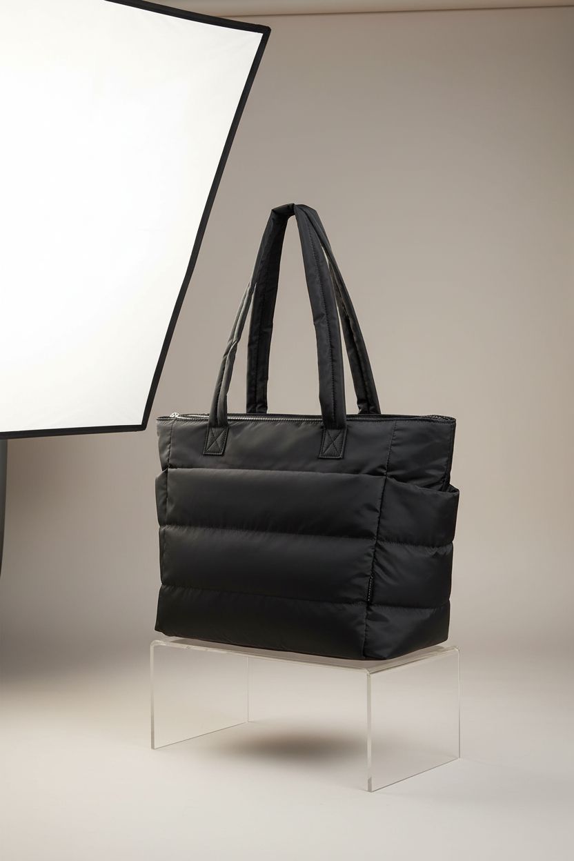 BAGSMART puffy tote bag in black on a seamless backdrop, highlighting its quilted texture and durability.