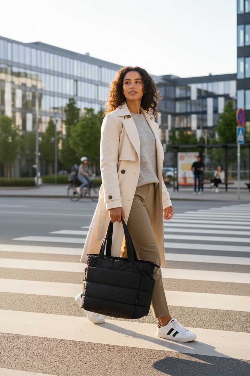 BAGSMART lightweight puffy tote bag in black, perfect for weekday commutes and modern office settings.