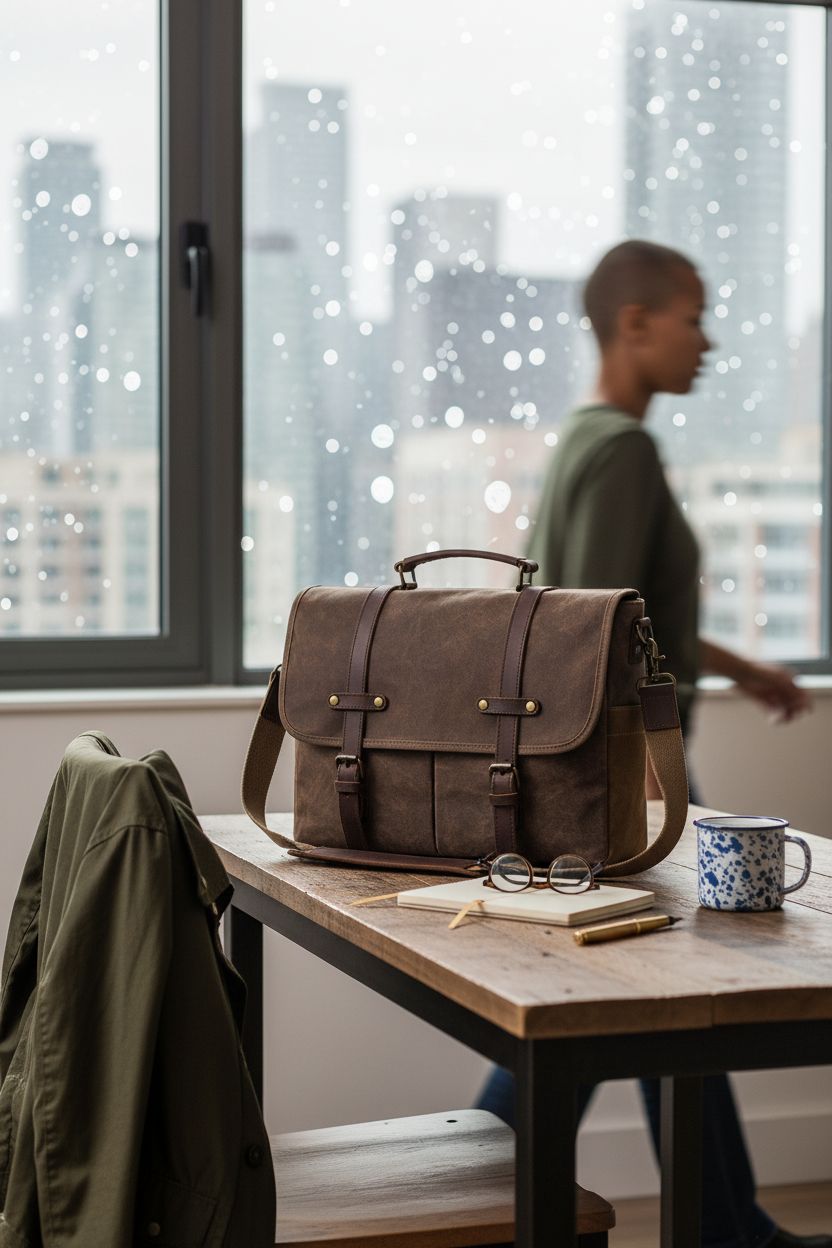 NEWHEY large satchel bag beside a cozy home office desk, enhancing work-from-home vibes.