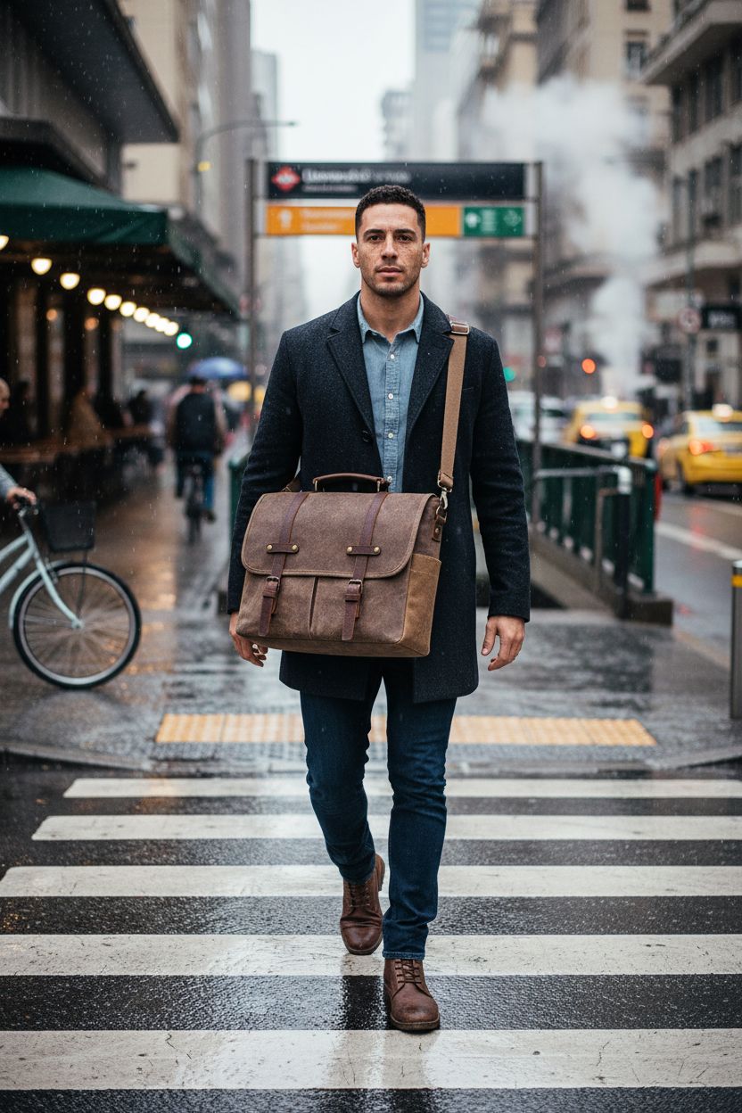 NEWHEY large brown waxed canvas satchel bag, perfect for commuters in light rain.
