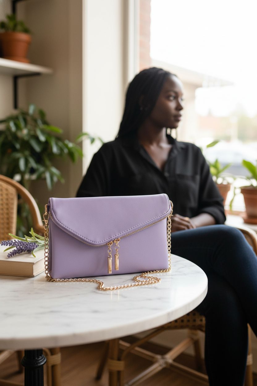 Lavender FashionPuzzle clutch on a marble table next to a lavender sprig and book.