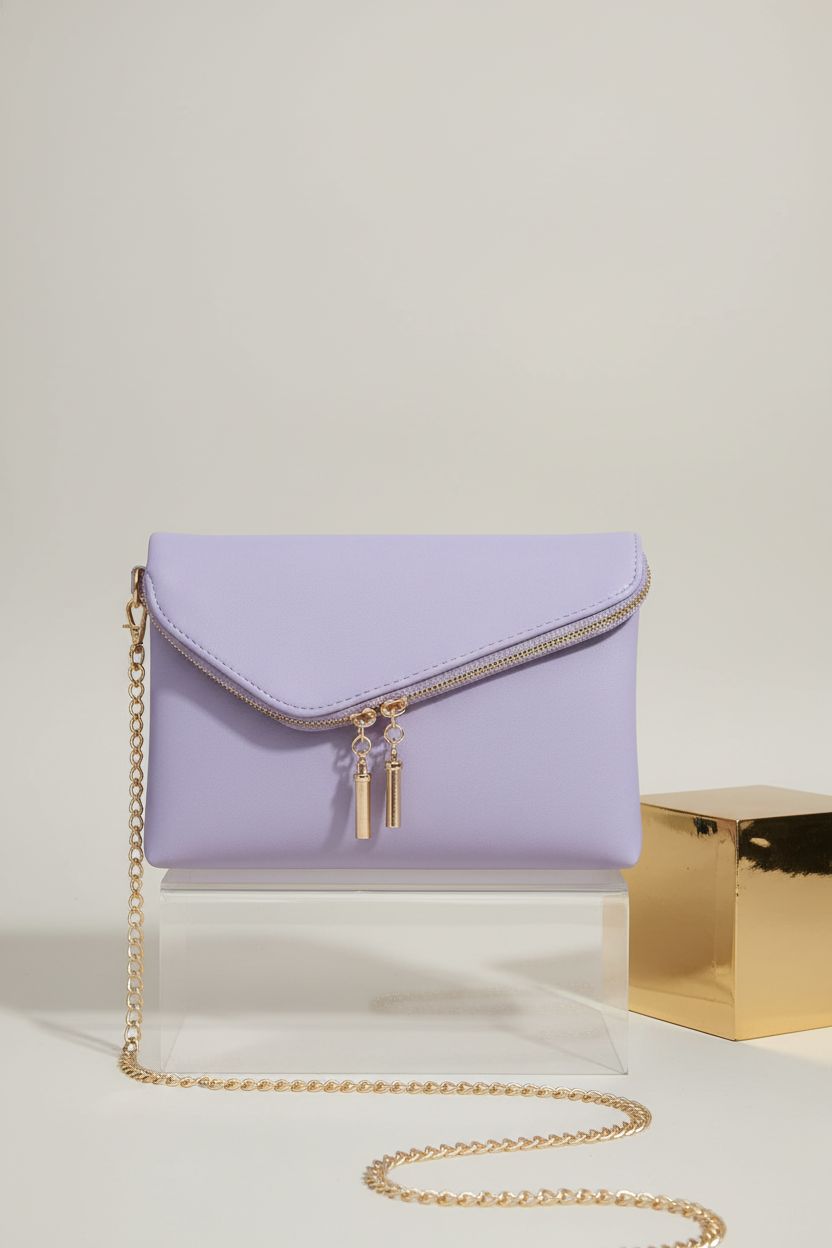 Close-up of FashionPuzzle lavender envelope clutch showcasing its elegant design and texture.