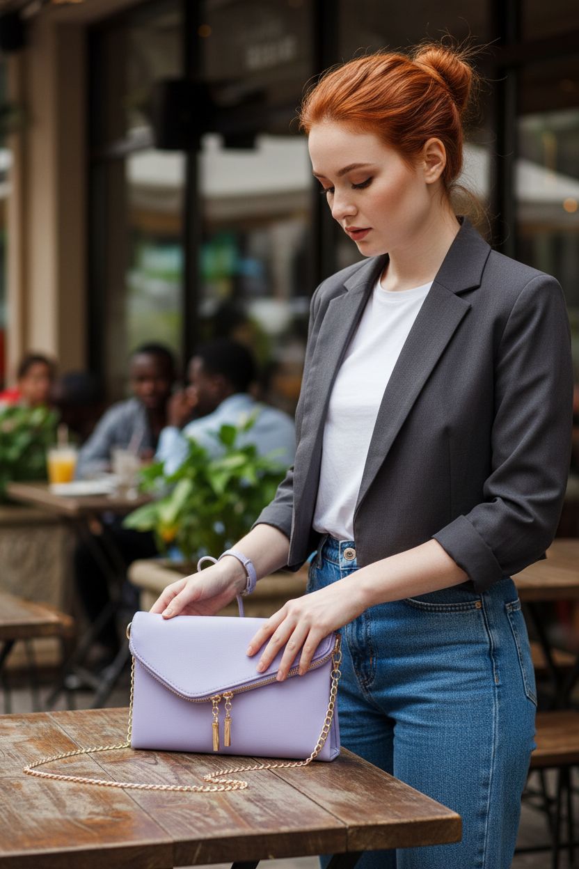 Lavender FashionPuzzle clutch on a table with a detachable wristlet and chain strap.