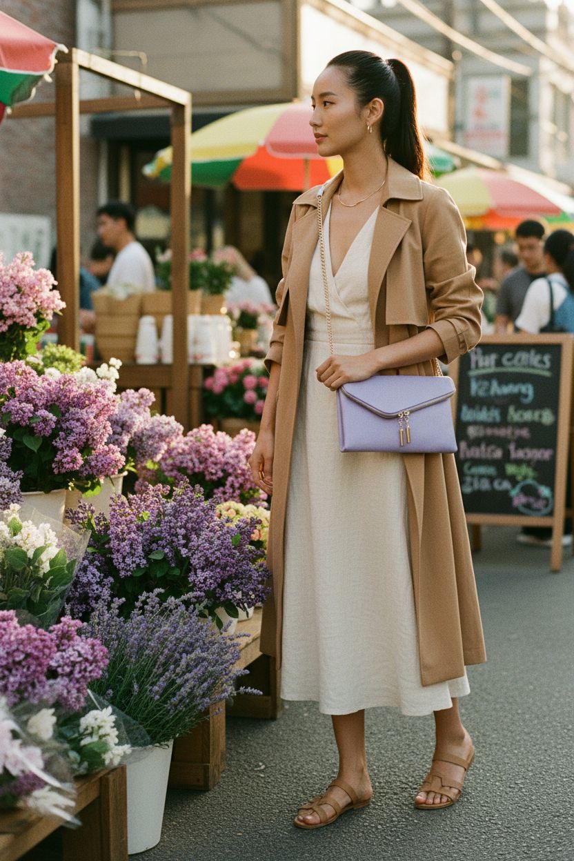 Lavender FashionPuzzle crossbody clutch paired with a cream linen dress at a sunny market.