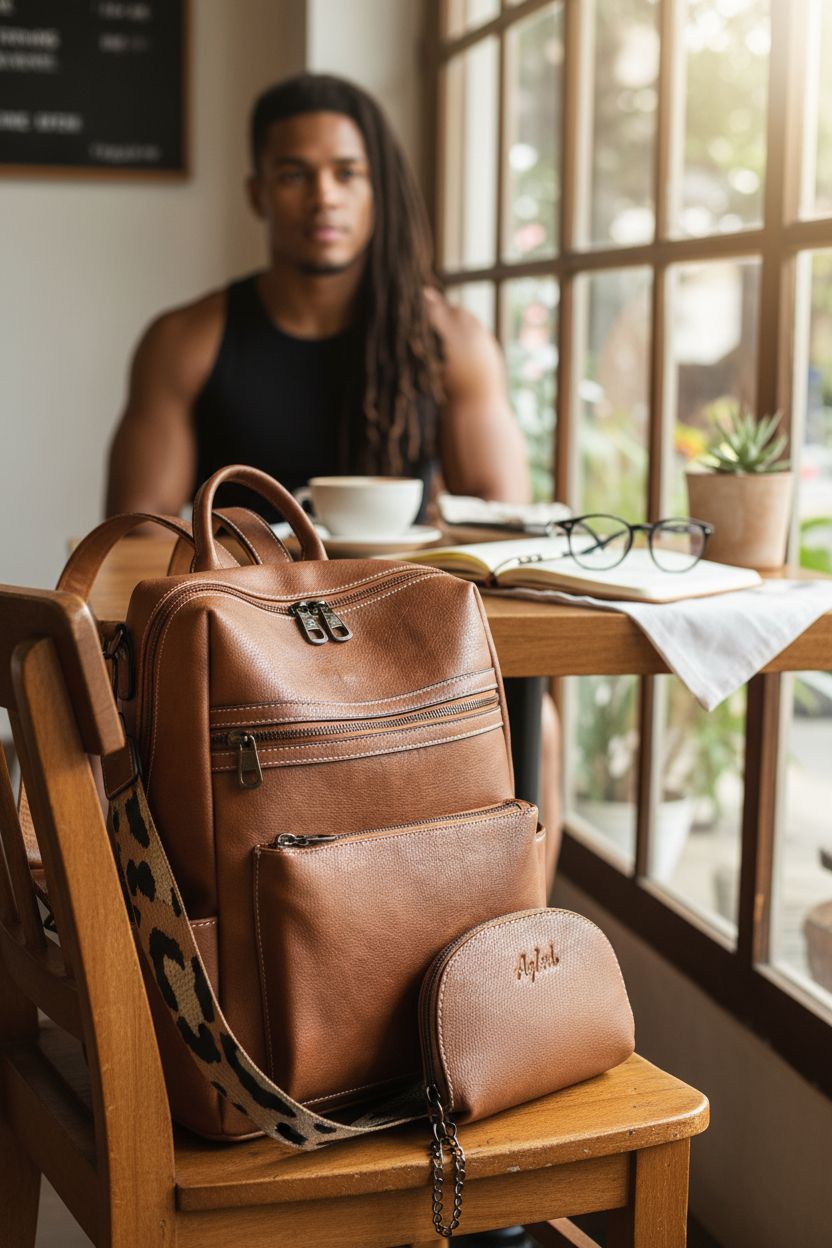AGLOD leather backpack purse in cozy café setting, highlighting texture and design details