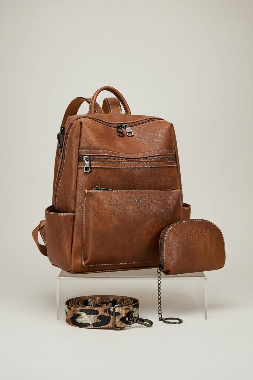 AGLOD leather backpack purse featured in studio with matching wallet, showcasing design and pockets