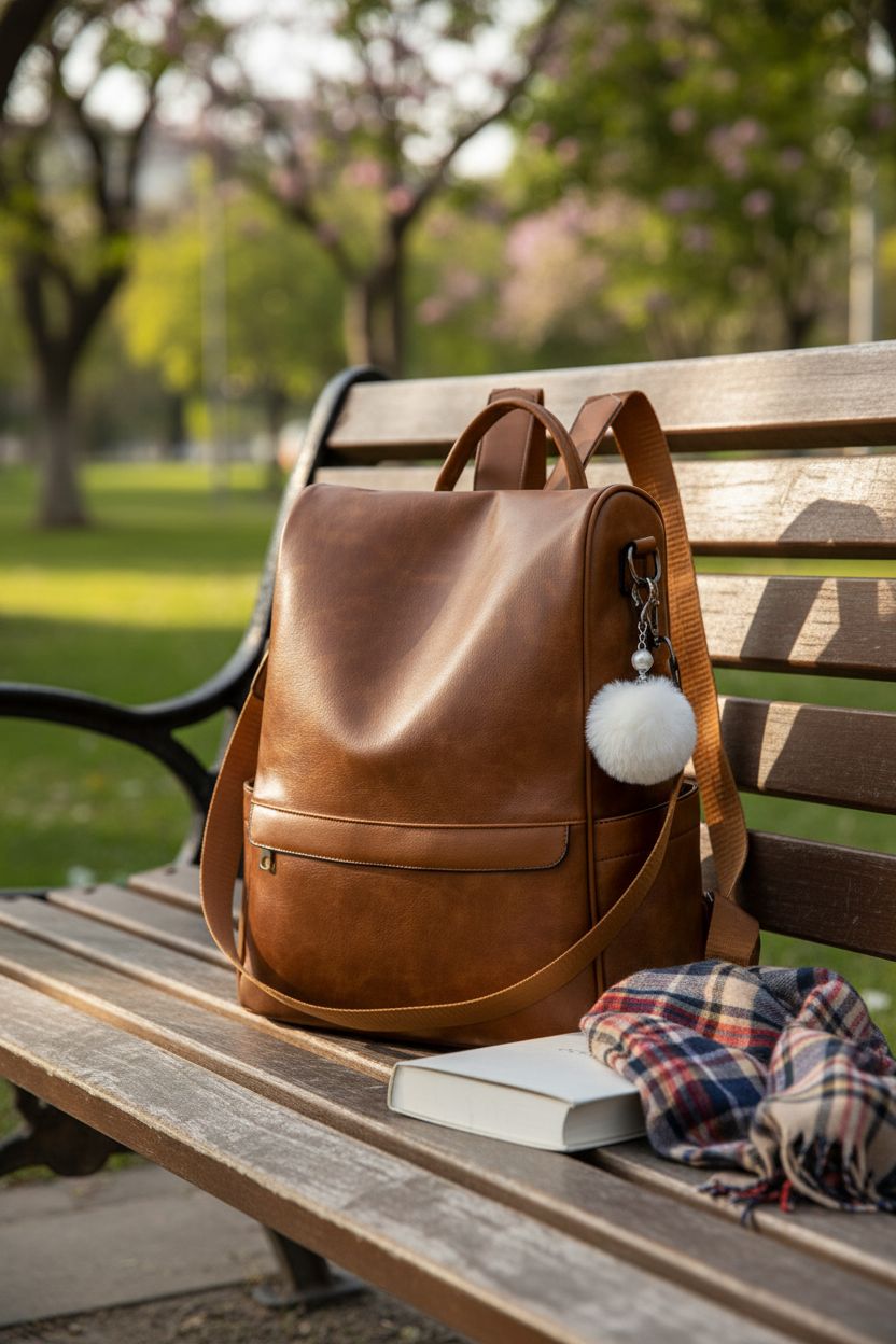 CHERUTY tan leather backpack resting on a bench, surrounded by greenery and a cozy book, perfect for leisure.