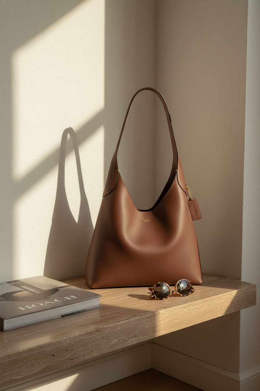 Elegant Coach Brooklyn Shoulder Bag 28 in warm gray setting, highlighting its natural grain leather texture.