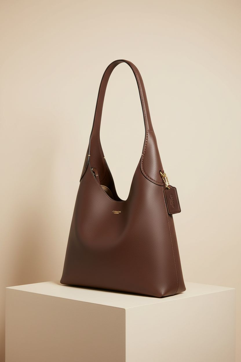 Product shot of Coach Brooklyn Shoulder Bag 28 in Maple leather, emphasizing its smooth curves and craftsmanship.
