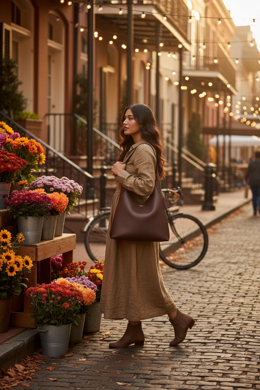 Coach Brooklyn Shoulder Bag 28 in deep maple-brown, comfortably worn at an outdoor market setting.