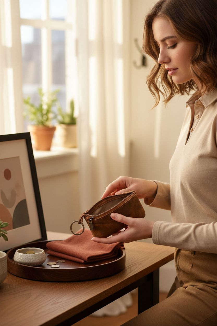 HENSE leather coin purse elegantly displayed on a walnut tray, perfect for home organization.