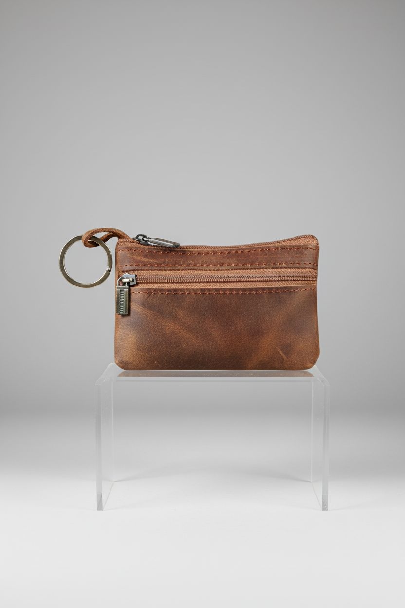 Product shot of HENSE leather coin purse highlighting its dual zippers and premium texture.