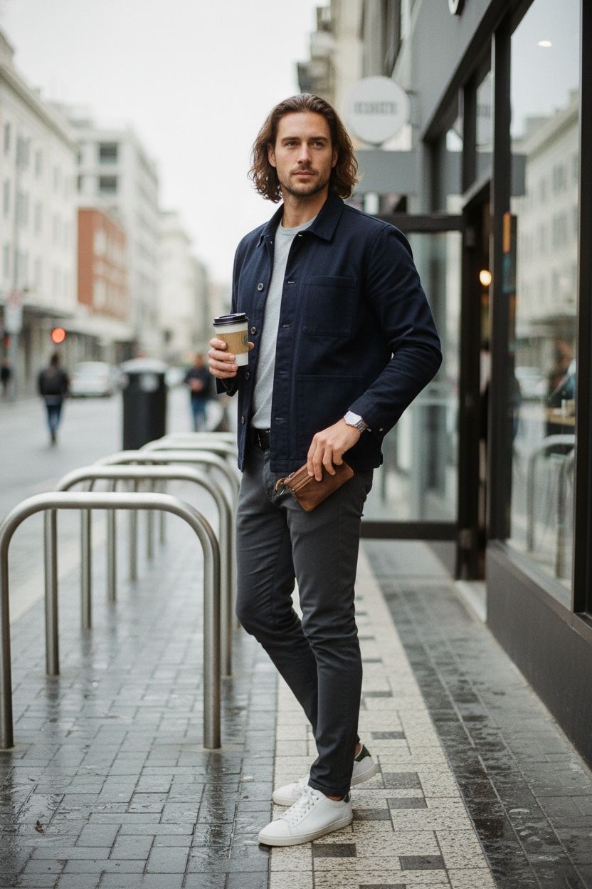 Brown leather coin purse by HENSE clipped to a belt loop, perfect for men's casual style.