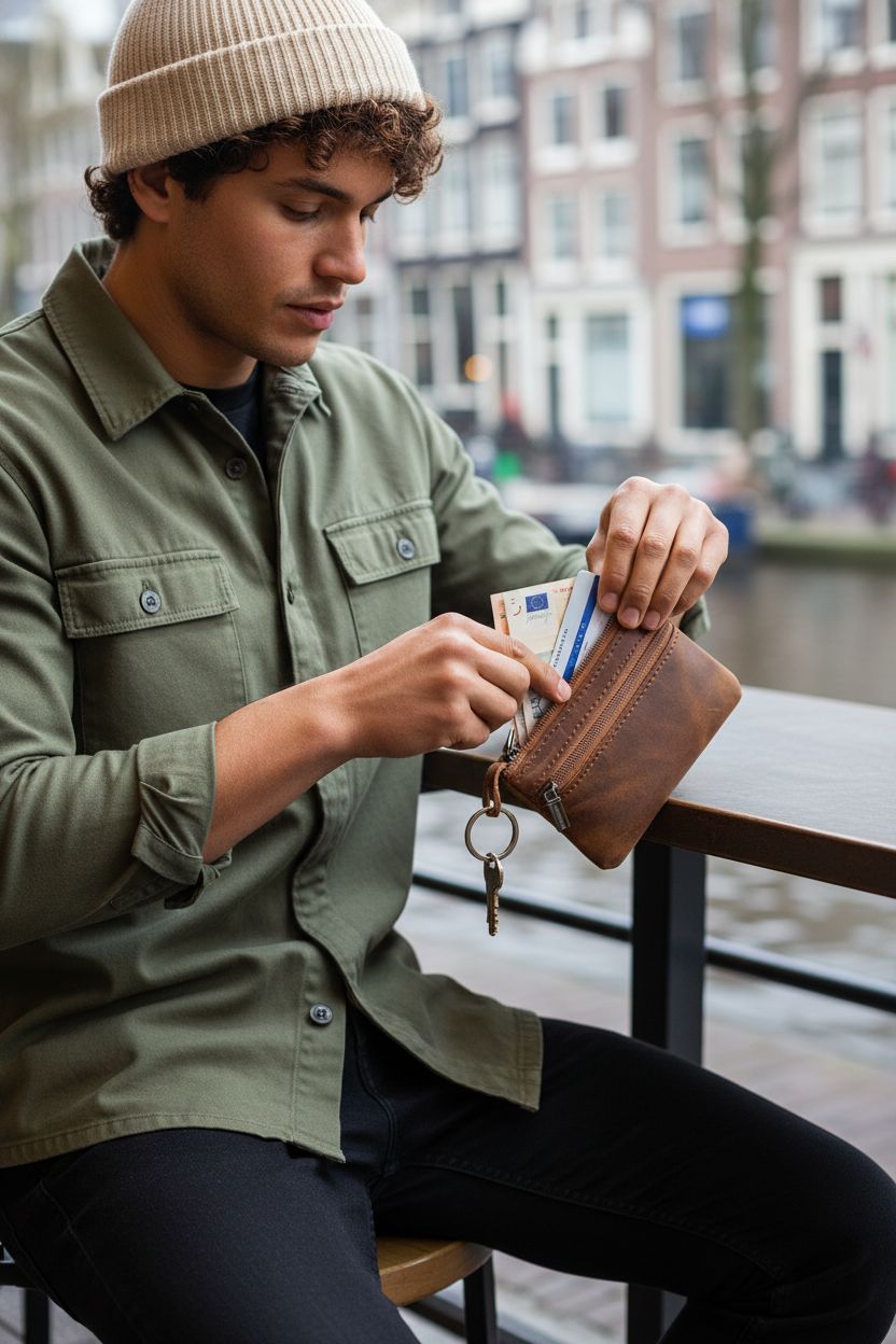 Genuine leather coin pouch for men by HENSE, showcasing functionality at a café.