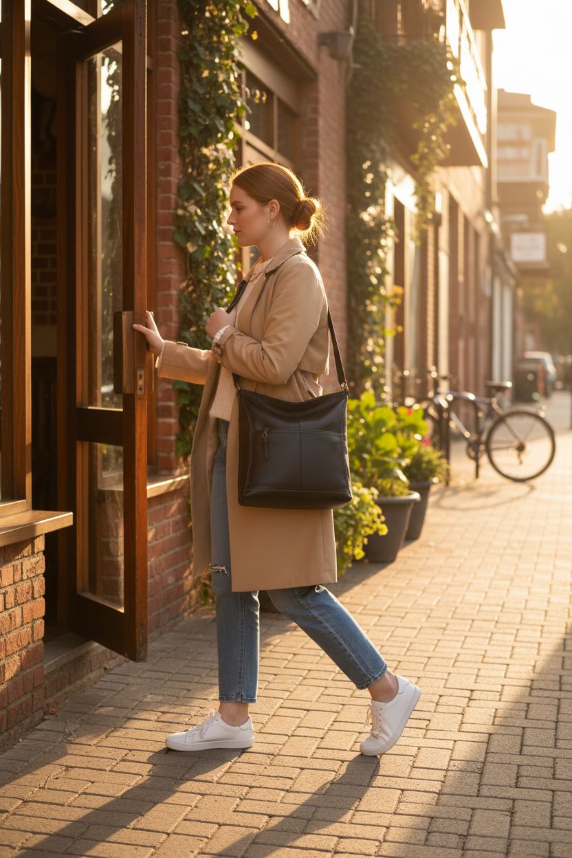 Black leather crossbody bag by The Sak, against a warm urban backdrop near a coffee shop.