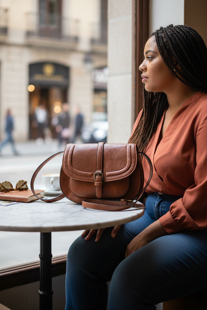 AFKOMST saddle crossbody bag on a marble table with a cappuccino