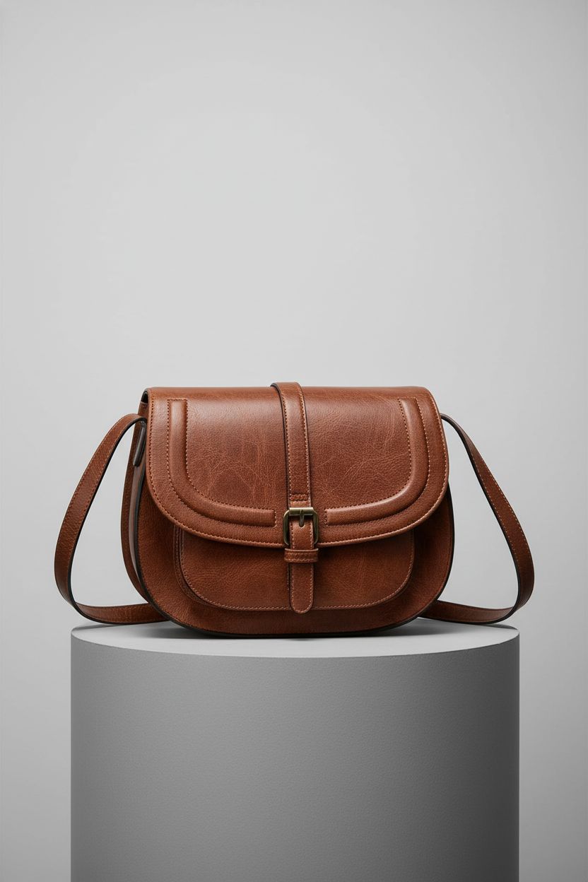 AFKOMST brown vegan leather saddle bag showcasing texture and design