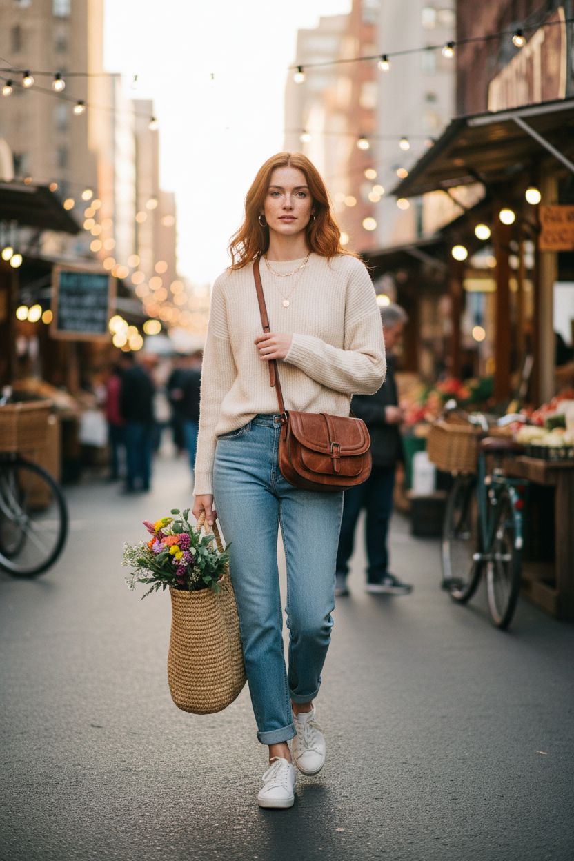 AFKOMST brown vegan leather crossbody bag styled with a cream sweater at a market