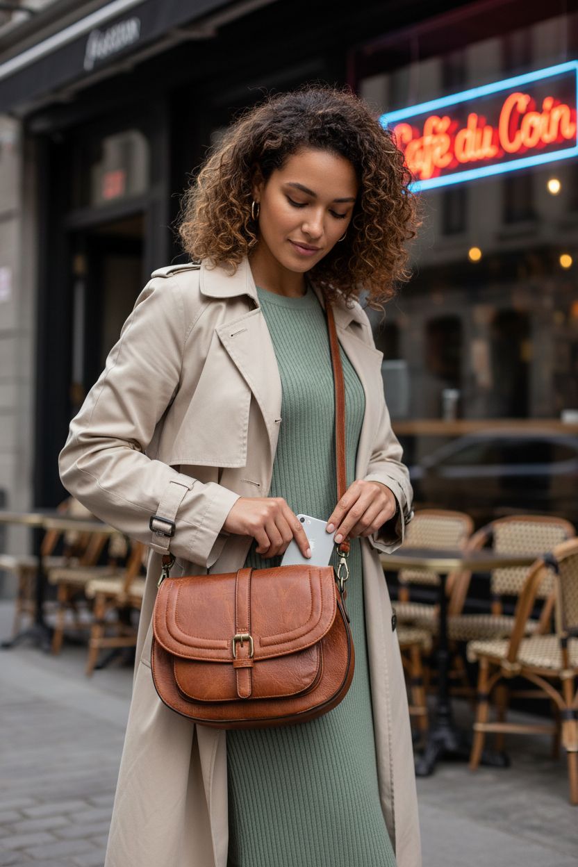 AFKOMST vegan leather saddle crossbody bag in a chic café setting