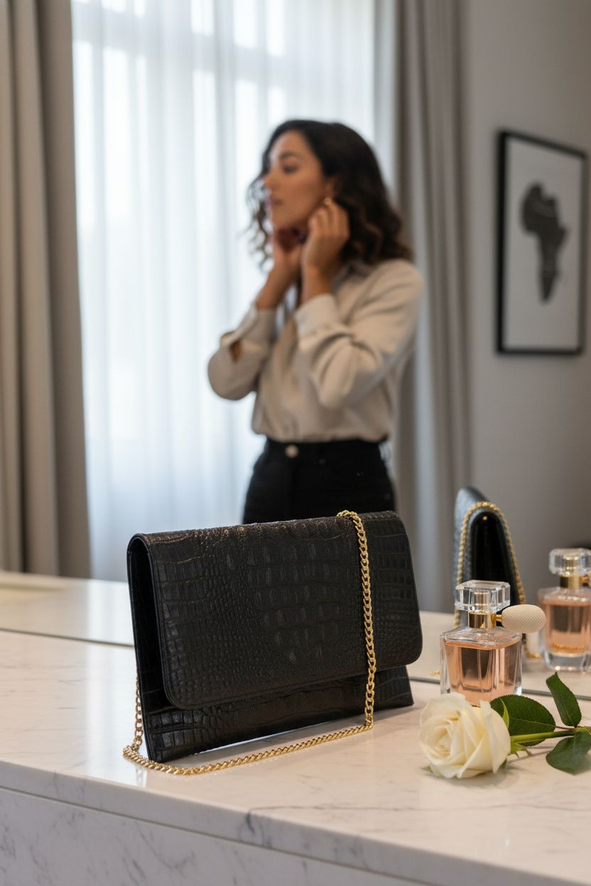 Black crocodile-embossed envelope clutch by SWEETV on a marble counter beside perfume and a rose.