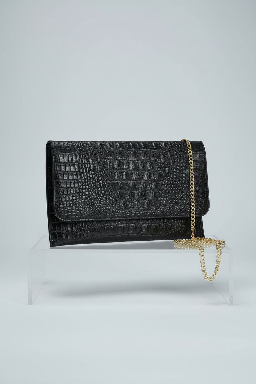 Product image of SWEETV black crocodile-embossed leather envelope clutch showcasing details and texture.