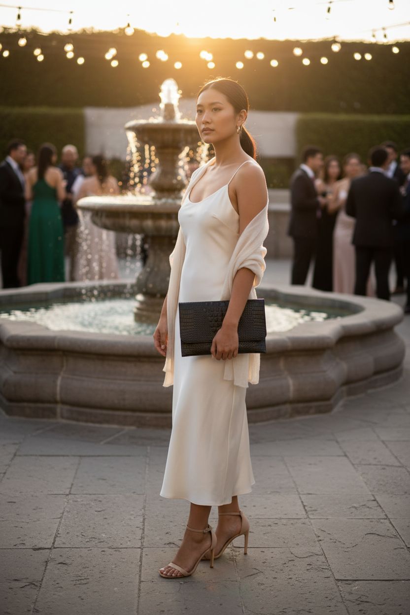 Elegant black crocodile-embossed leather envelope clutch by SWEETV at a wedding cocktail hour.
