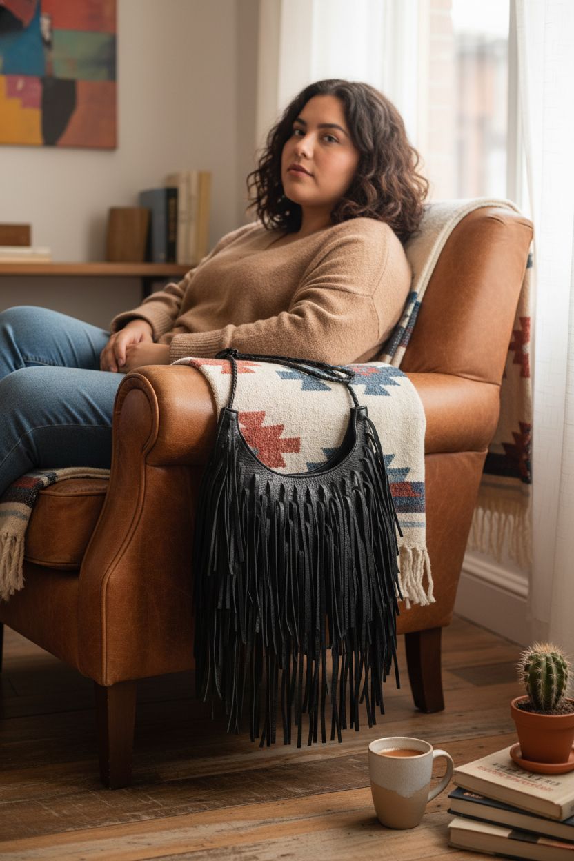 Oweisong leather fringe purse resting in a cozy living room, emphasizing its vintage charm and lifestyle appeal.