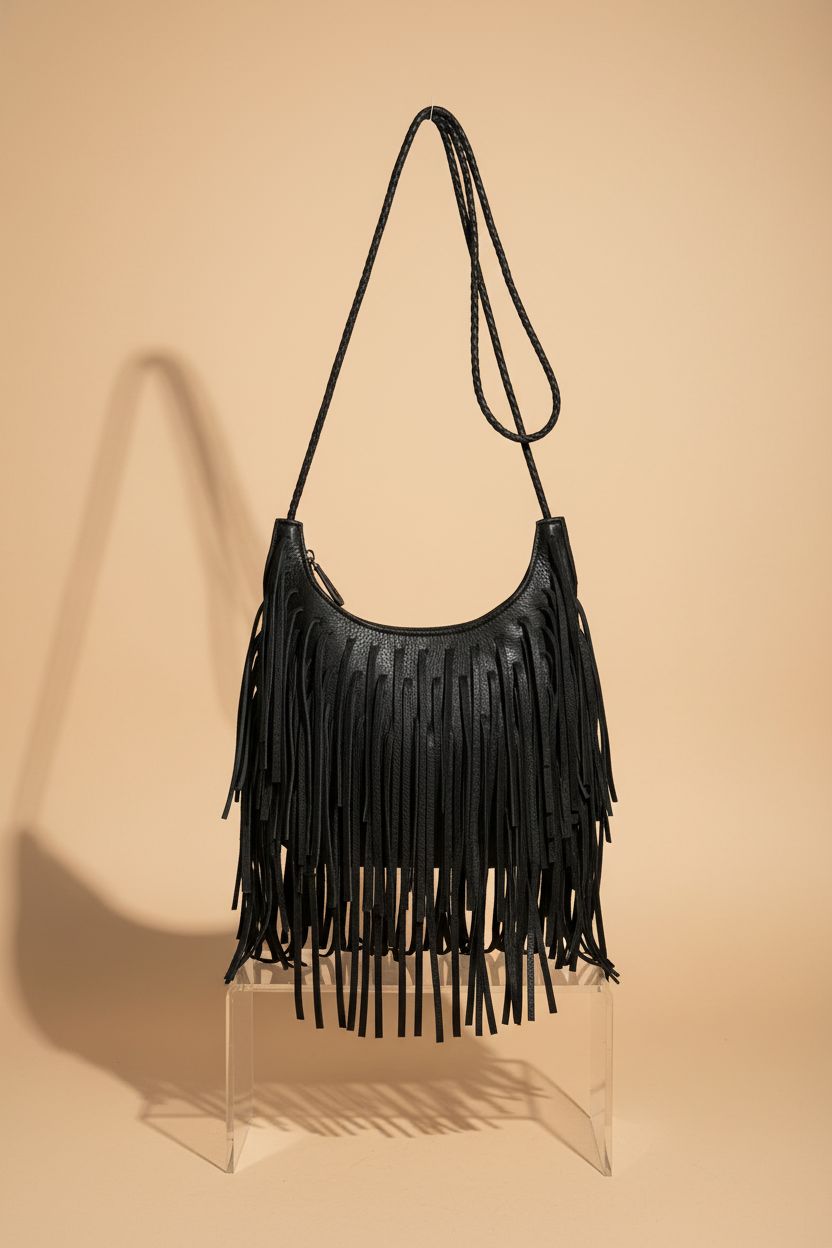 Oweisong leather fringe crossbody purse displayed in a studio, showcasing its beautiful design and craftsmanship.