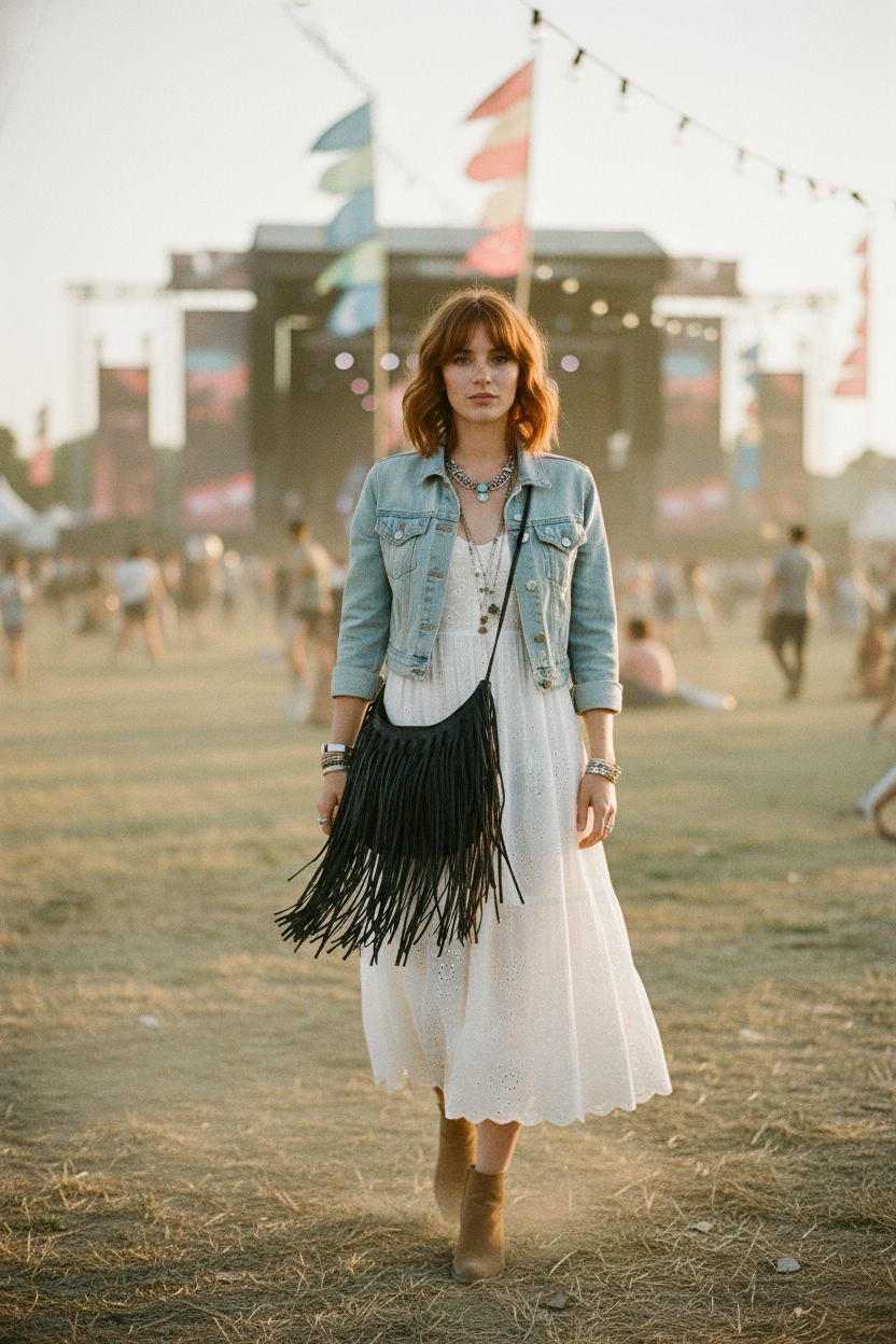 Oweisong leather fringe purse in a bohemian setting at a music festival, showcasing style and texture.