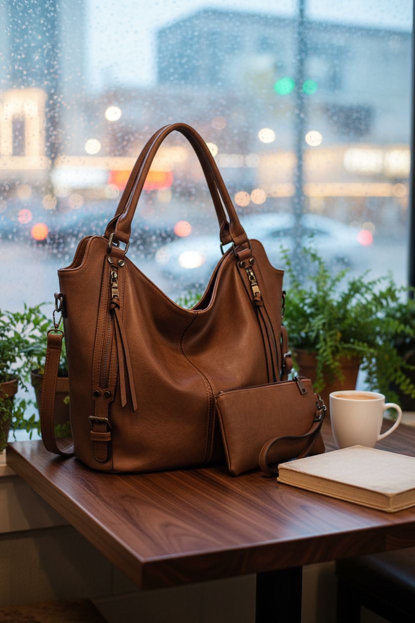 Cozy setup featuring Realer's leather hobo bag beside a mug and notebook in a café nook.