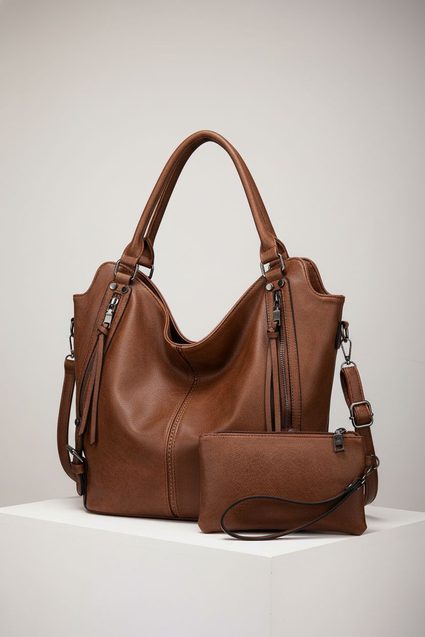 Realer leather hobo bag showcased on a minimal pedestal, highlighting its elegant design.