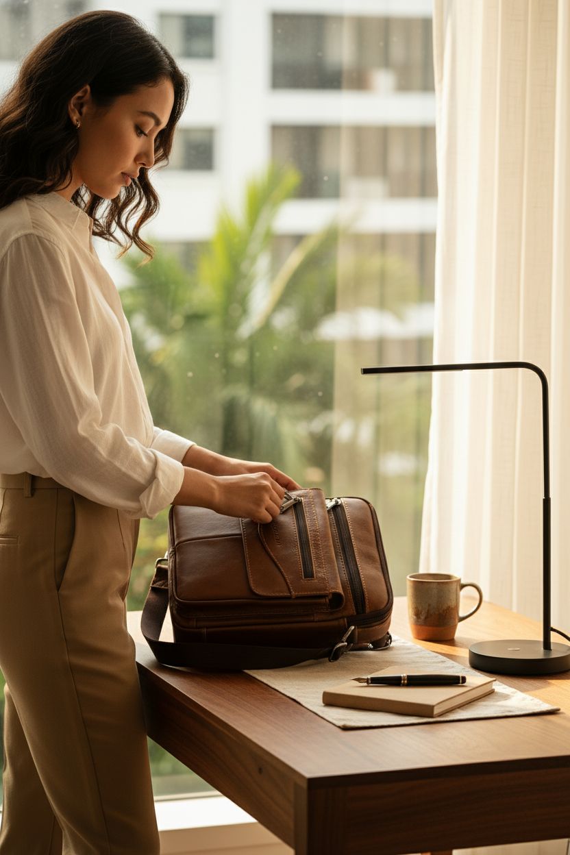 COSCOOA leather man purse on a walnut desk, enhancing a cozy home-office setting.