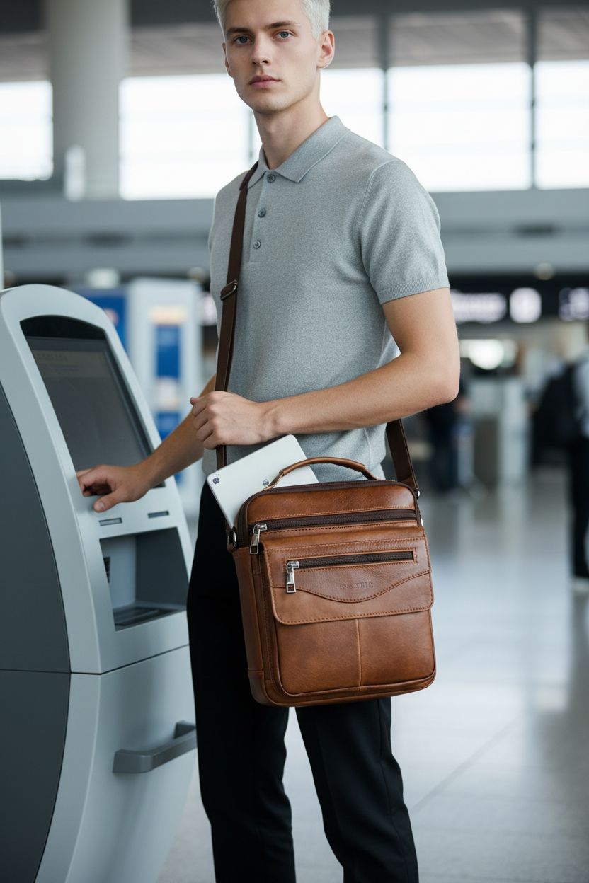 COSCOOA leather man purse in warm brown, stylishly held by a traveler at an airport self check-in kiosk.