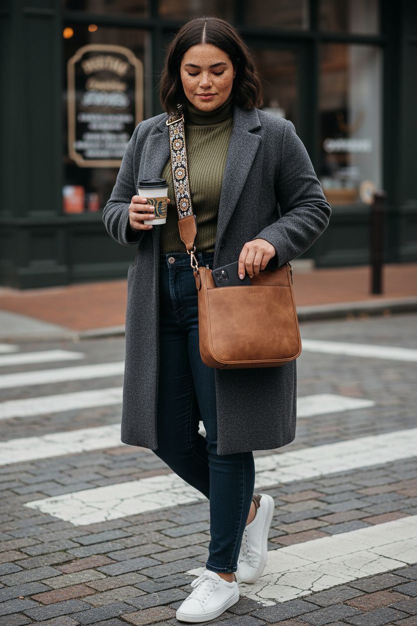 BOSTANTEN brown vegan leather crossbody bag with gold hardware in outdoor café setting.