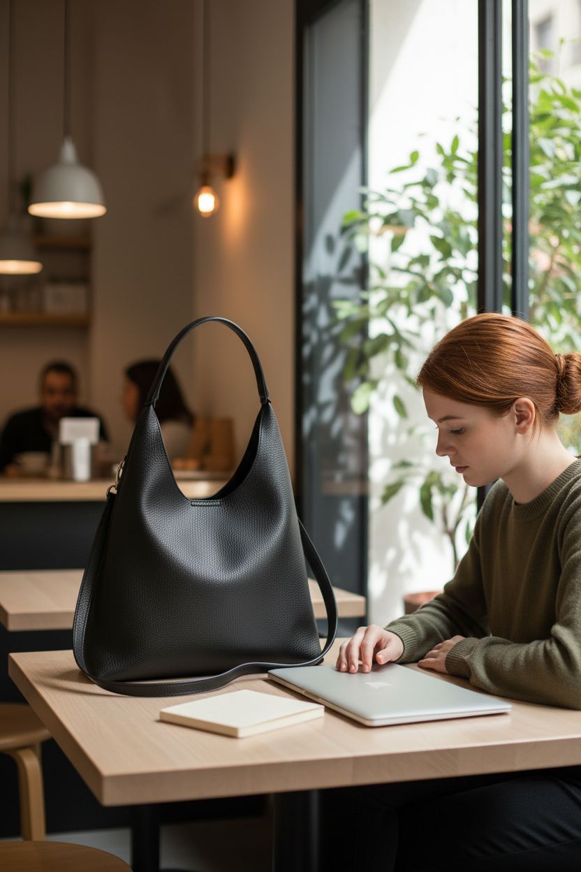 Cozy scene with HOXIS black hobo bag beside laptop, emphasizing its chic vegan leather design.