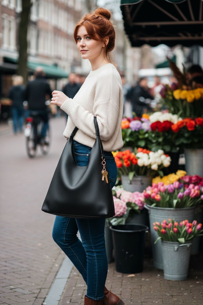 HOXIS black hobo bag highlighting magnetic closure and spacious interior at a market.